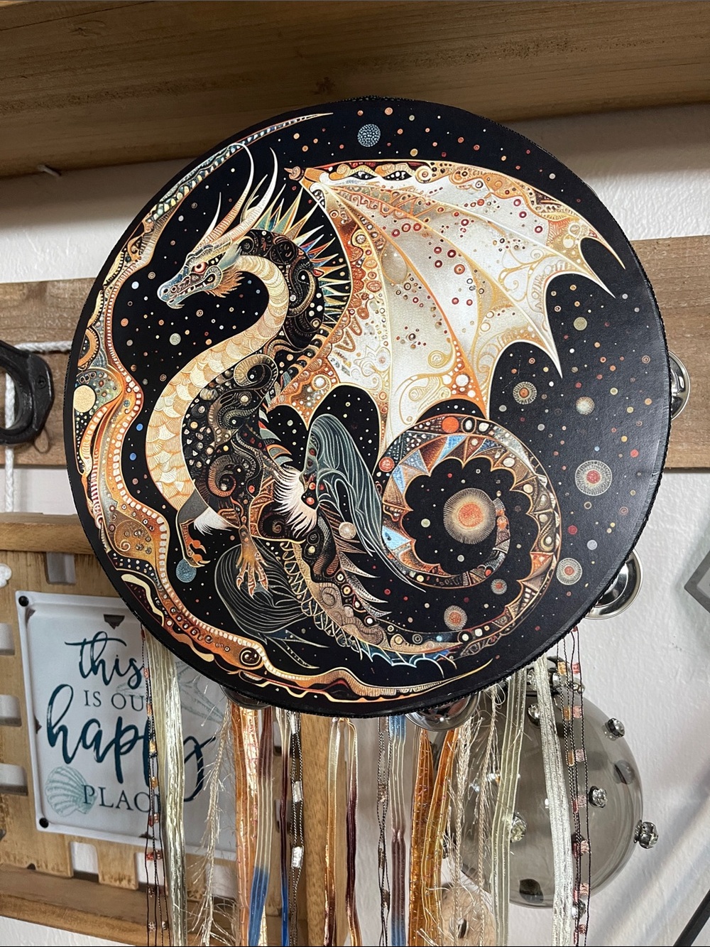 Decorative Dragon Wall Hanging in Black and Gold Tambourine 10” in Diameter